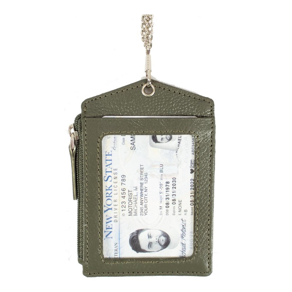 ID Lanyard Card Holder in Genuine Leather with Long Metal Chain - Picture 5 of 10